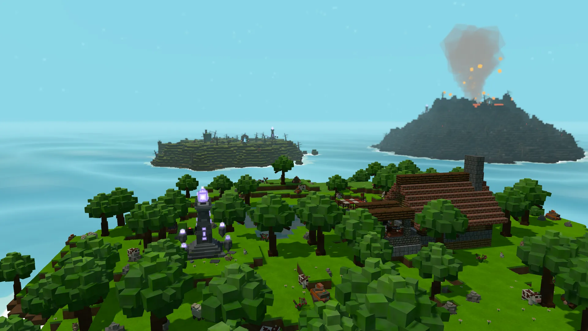 The Monument, the base and a smoking volcano island behind them