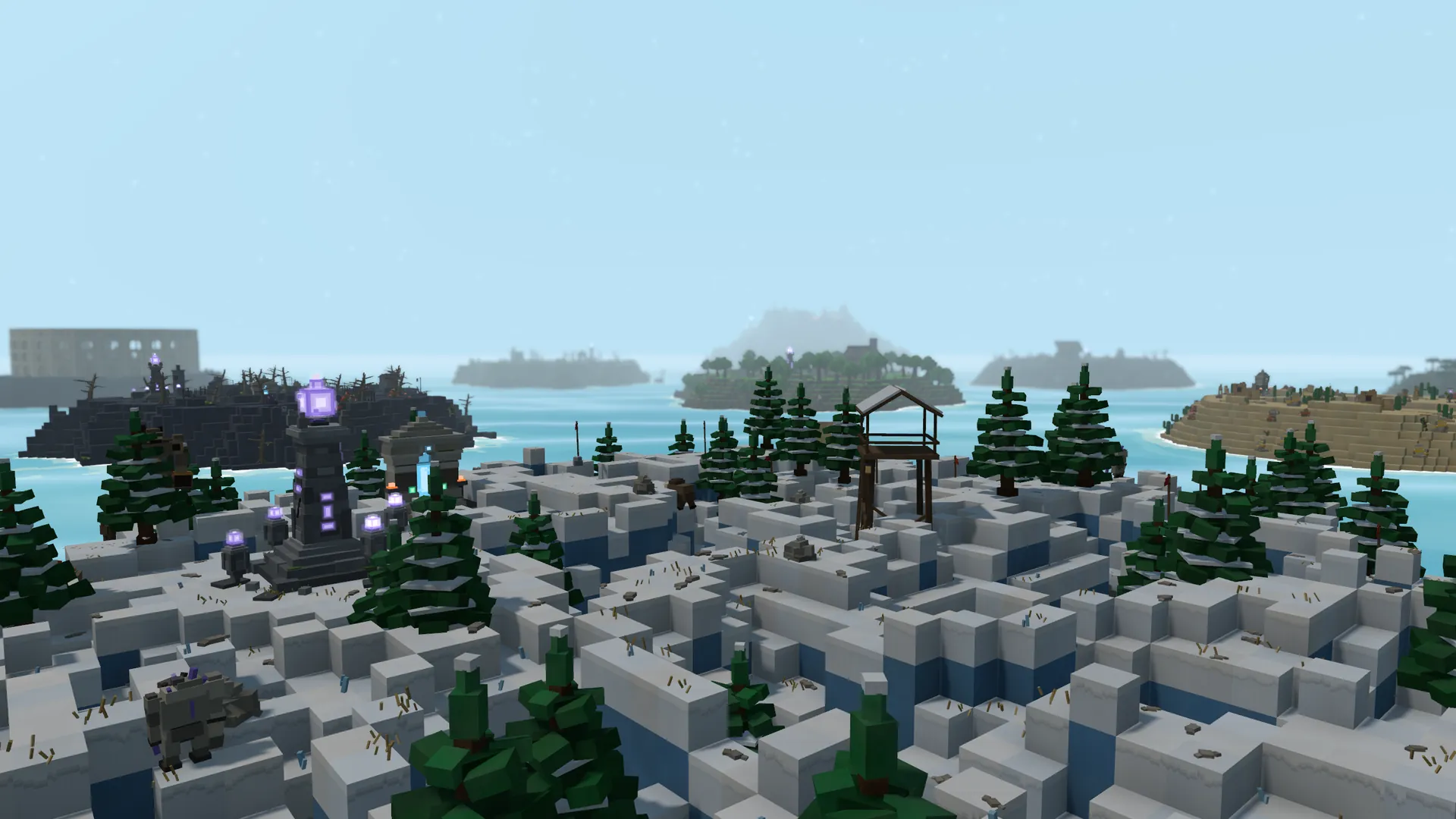 Snowy island: pines, a watchtower and the Monument