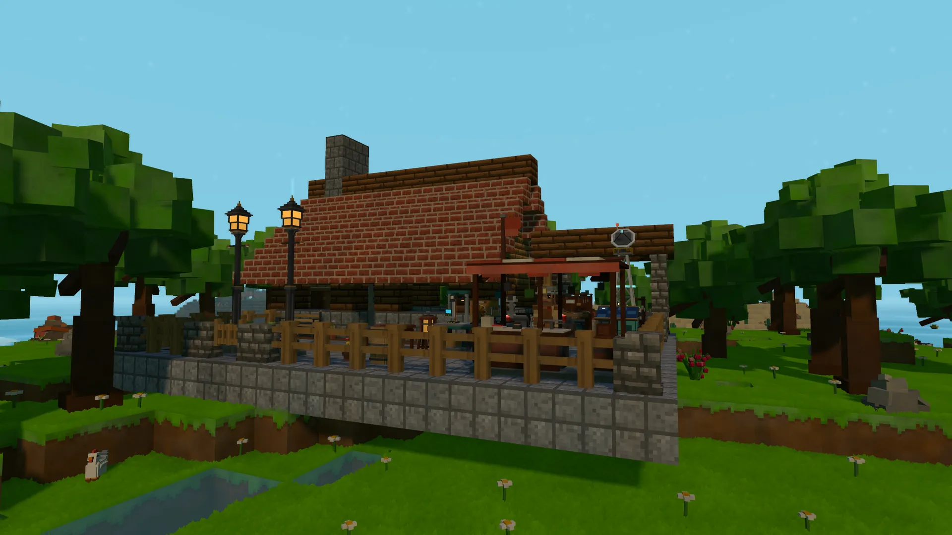 A house, lanterns and a fenced courtyard