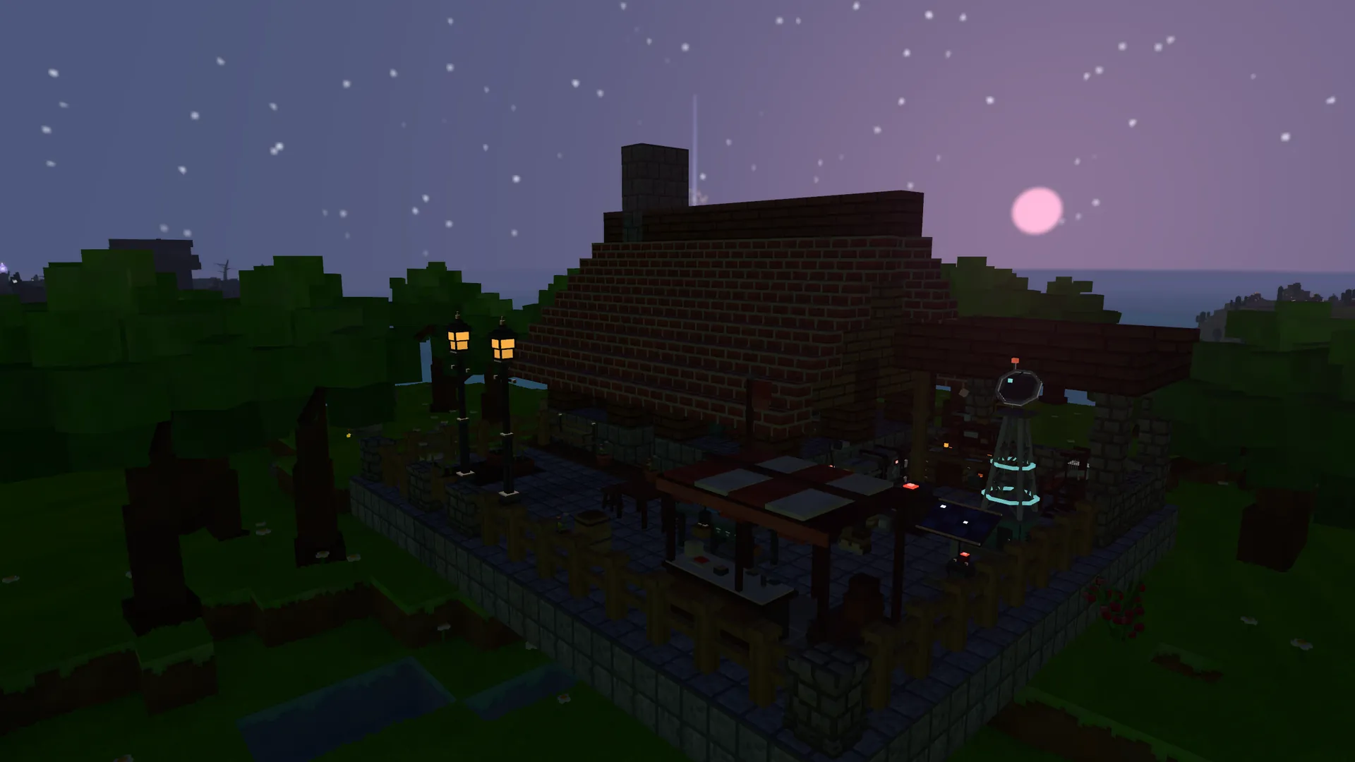 Night: stars, a pink moon and lit lanterns